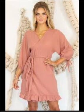 Ruffle Hem Wrap-Style Dress in Dusty Rose